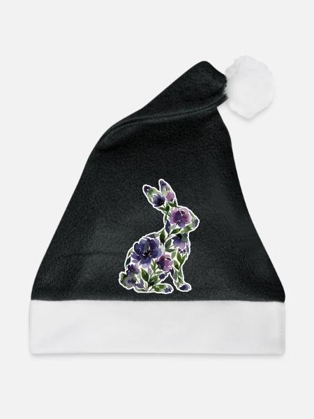 Hase Silhouette Blumen - Weihnachtsmütze - Schwarz/Weiß