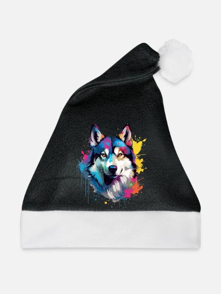 Dog Husky Bunte Spritzkunst - Weihnachtsmütze - Schwarz/Weiß