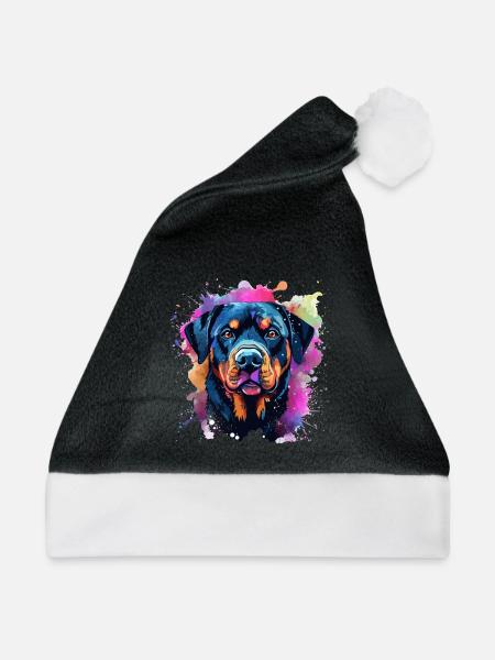 Lebendiger Rottie-Porträt-Spritzer - Weihnachtsmütze - Schwarz/Weiß