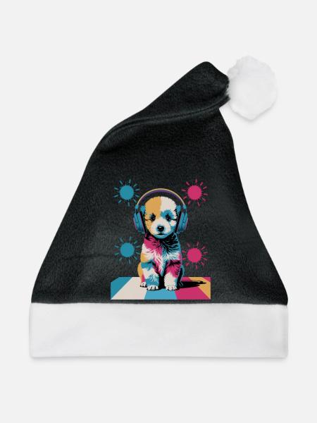 Pudel Welpe mit Kopfhörer - Weihnachtsmütze - Schwarz/Weiß