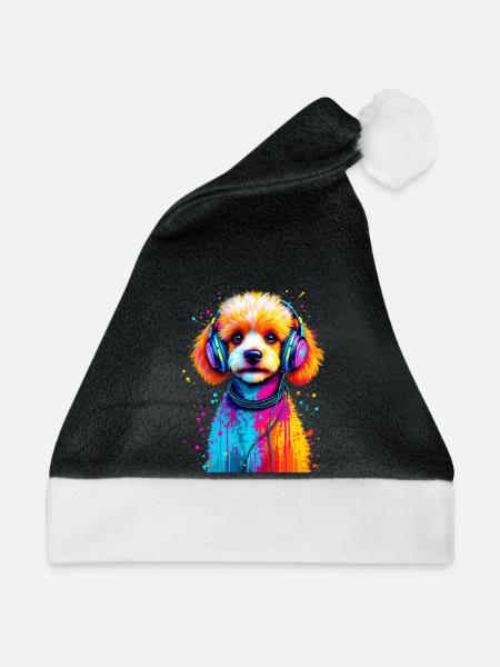 Pudel Welpe mit Kopfhörer - Weihnachtsmütze - Schwarz/Weiß