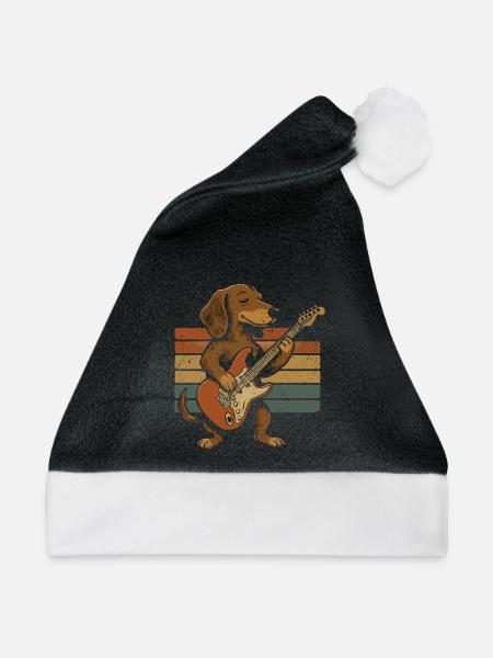 Hund mit E-Gitarre im Retroband - Weihnachtsmütze - Schwarz/Weiß