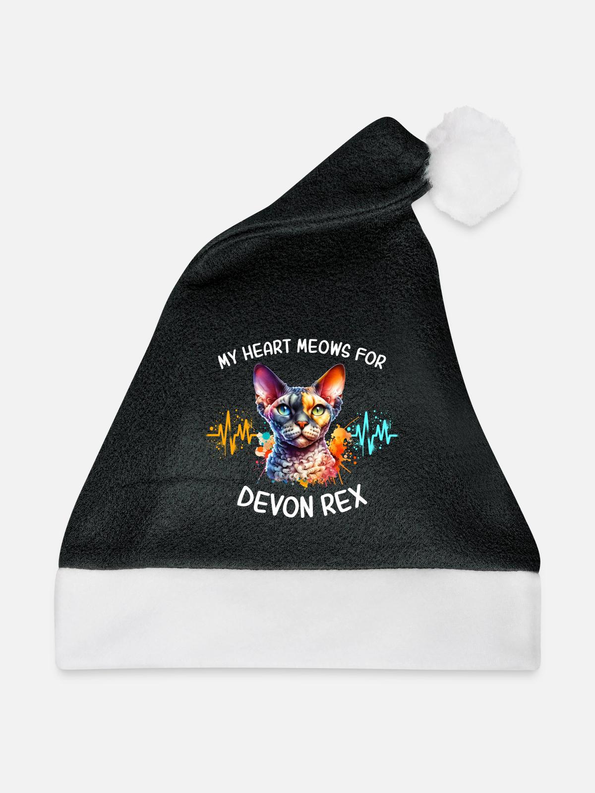 Devon Rex Herzlinie - Weihnachtsmütze - Schwarz/Weiß - Vorne