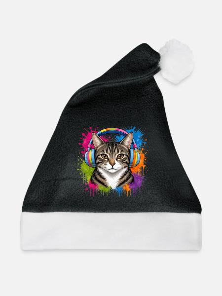 Katze mit Musik Kopfhörer im Farben-Splash Katzen - Weihnachtsmütze - Schwarz/Weiß - Vorne
