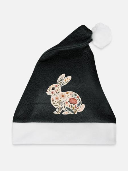 Florales Kaninchen mit Pflanzenmuster - Weihnachtsmütze - Schwarz/Weiß