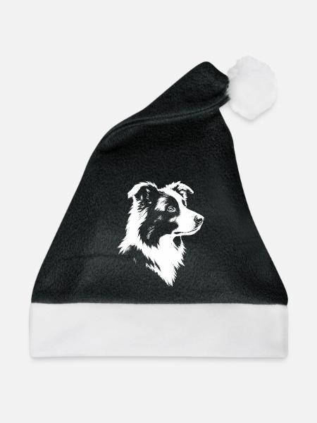 Border Collie Kopf Portrait - Weihnachtsmütze - Schwarz/Weiß