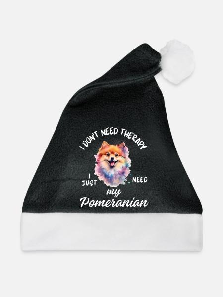 Lächelnder Aquarell-Pomeranian - Weihnachtsmütze - Schwarz/Weiß