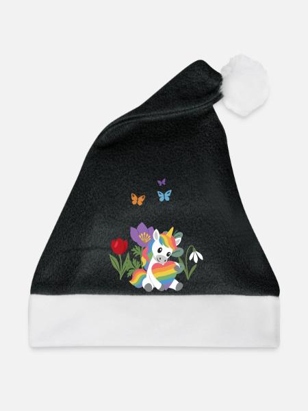 Blumengeschenk · Einhorn Regenbogenherz · Blumen - Weihnachtsmütze - Schwarz/Weiß - Vorne