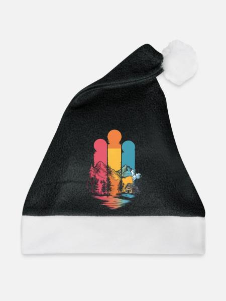 Retro-Berghütte und Waldlandschaft - Weihnachtsmütze - Schwarz/Weiß
