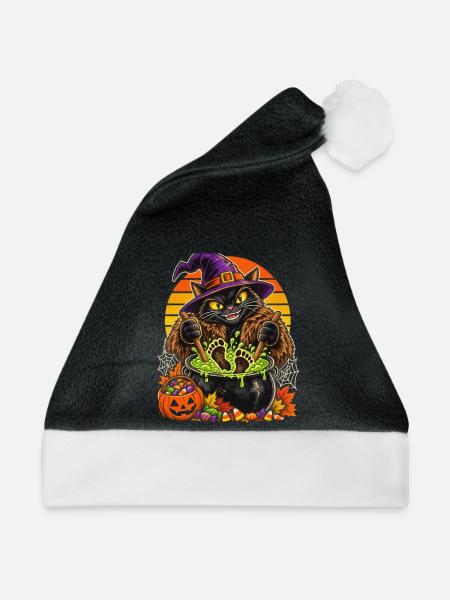 Hexenkatze im Hexenkessel Halloween - Weihnachtsmütze - Schwarz/Weiß