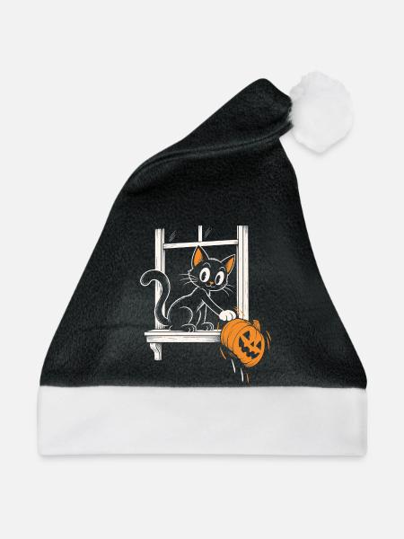 Die Katze schubst die Kürbislaterne - Weihnachtsmütze - Schwarz/Weiß - Vorne