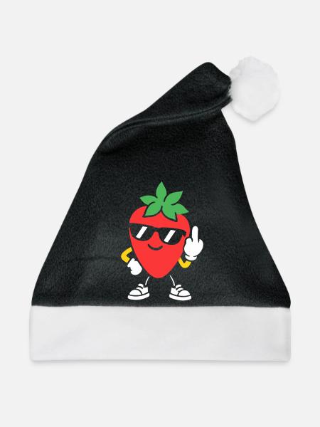 Sunny Strawberry Maskottchen mit Sonnenbrille - Weihnachtsmütze - Schwarz/Weiß