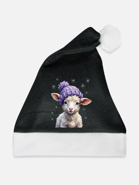 Süßes Lamm mit violetter Strickmütze - Weihnachtsmütze - Schwarz/Weiß