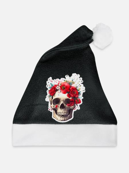 Totenkopf mit roten Blumen - Weihnachtsmütze - Schwarz/Weiß