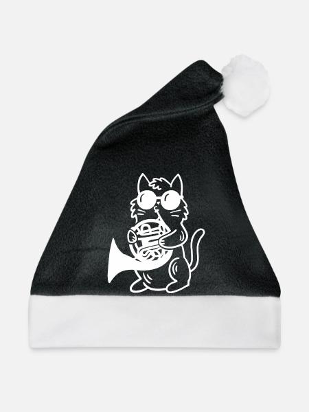 Katze spielt Waldhorn - Weihnachtsmütze - Schwarz/Weiß - Vorne