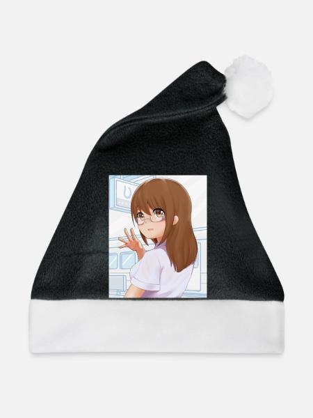 Mädchen mit Brille für Anime-Fans - Weihnachtsmütze - Schwarz/Weiß - Vorne