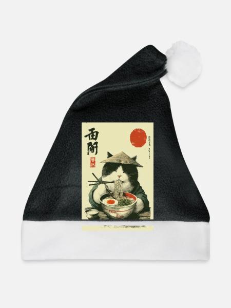 Samurai-Katze genießt Ramen - Weihnachtsmütze - Schwarz/Weiß
