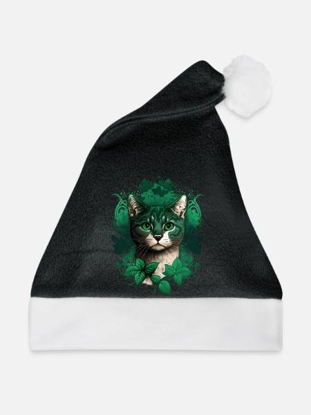 Katze mit Efeu Rahmen - Weihnachtsmütze - Schwarz/Weiß