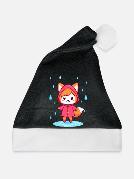 Kleiner Chibi-Fuchs im Regenmantel - Weihnachtsmütze - Schwarz/Weiß