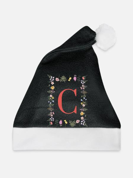 Florale Initialen "C", Buchstaben Monogramm - Weihnachtsmütze - Schwarz/Weiß