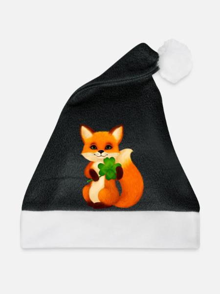 Niedlicher kleiner Fuchs mit vierblättrigem Klee - Weihnachtsmütze - Schwarz/Weiß