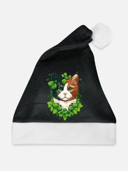 Katze mit Blätter Rahmen - Weihnachtsmütze - Schwarz/Weiß