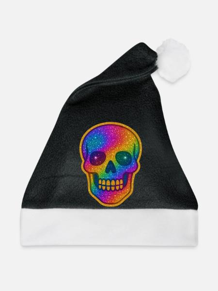 Regenbogen Skull Glitzer zu Halloween - Weihnachtsmütze - Schwarz/Weiß