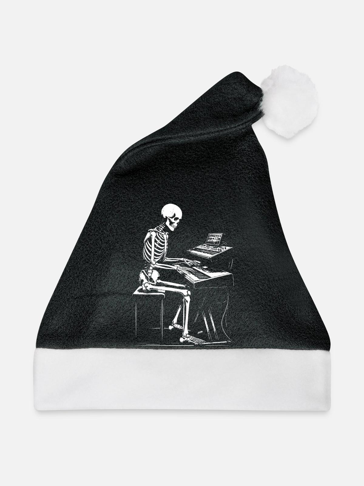 Skelett im Keyboard Studio - Weihnachtsmütze - Schwarz/Weiß - Vorne