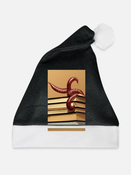 Comic Cartoon grusseliger Bücherwurm Bücherstapel - Weihnachtsmütze - Schwarz/Weiß - Vorne