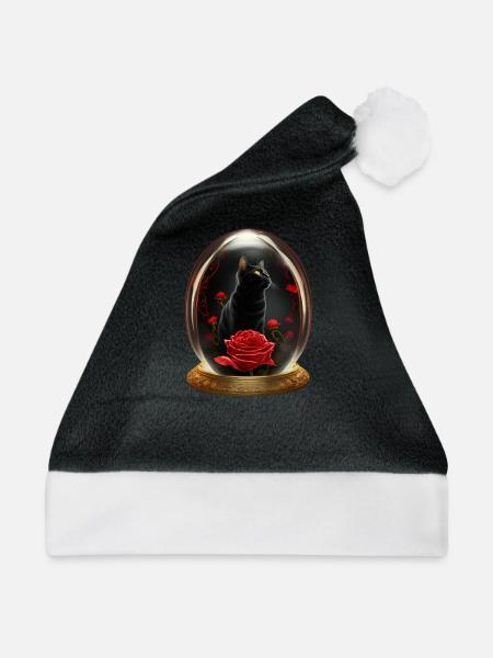 Eine Katze mit Rose in einer Kugel - Weihnachtsmütze - Schwarz/Weiß - Vorne
