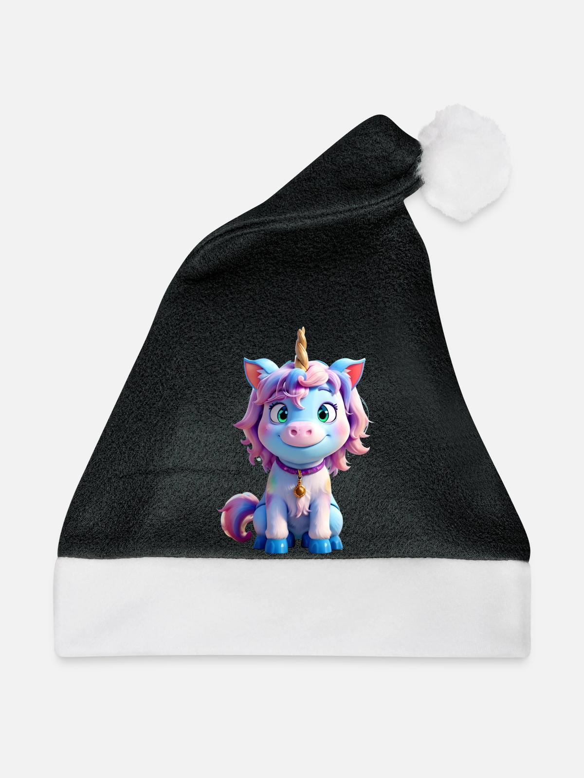 Buntes 3D-Einhorn - Weihnachtsmütze - Schwarz/Weiß - Vorne