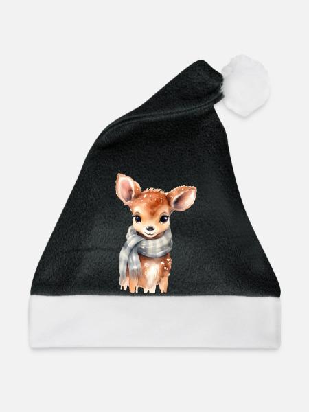 Zartes Rehkitz mit Schal - Weihnachtsmütze - Schwarz/Weiß