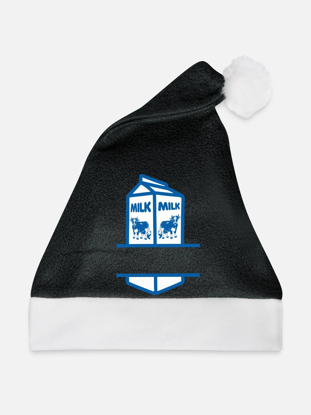 Blauer Milchkarton mit Kuh-eigenem Text - Weihnachtsmütze - Schwarz/Weiß - Vorne