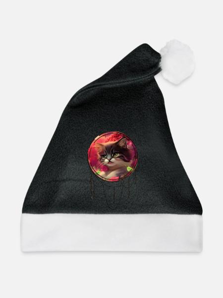 Süßes Kätzchen mit Vögeln - Weihnachtsmütze - Schwarz/Weiß