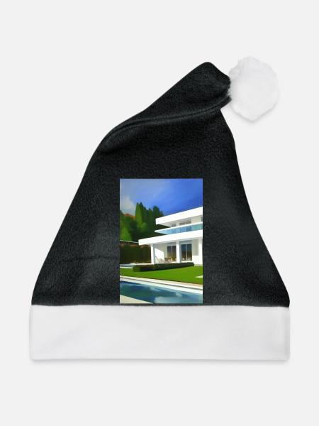 Weiße Villa mit Pool - Weihnachtsmütze - Schwarz/Weiß