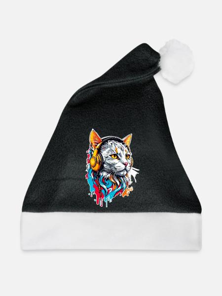 Katze hört Musik - Weihnachtsmütze - Schwarz/Weiß