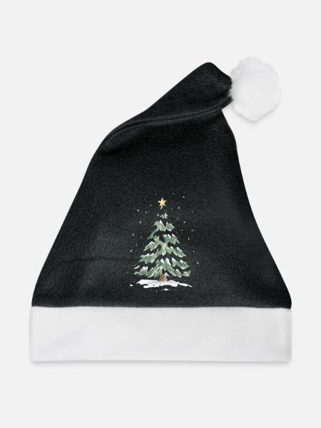 Schneebedeckter Weihnachtsbaum mit goldenem Stern - Weihnachtsmütze - Schwarz/Weiß