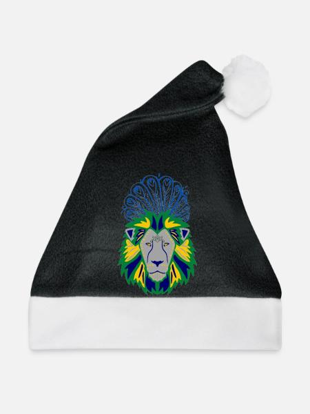 Löwenkopf mit Pfauenfedernkunst - Weihnachtsmütze - Schwarz/Weiß