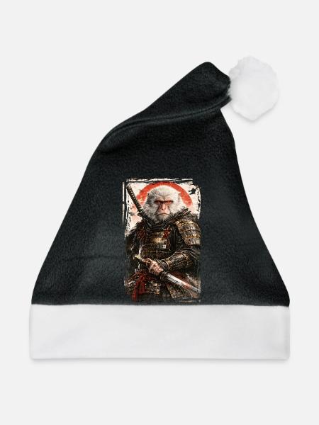 Japanische Kunst - Japanese Snow Monkey - Samurai - Weihnachtsmütze - Schwarz/Weiß - Vorne