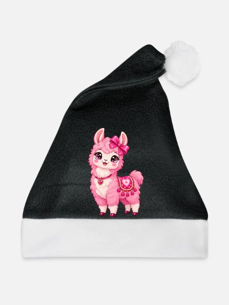 Kawaii Pink Llama mit Herz - Weihnachtsmütze - Schwarz/Weiß