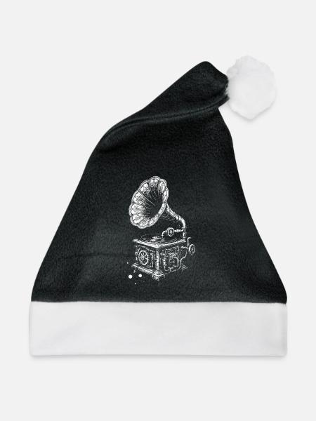 Vintage-Grammophon-Anhänger - Weihnachtsmütze - Schwarz/Weiß - Vorne