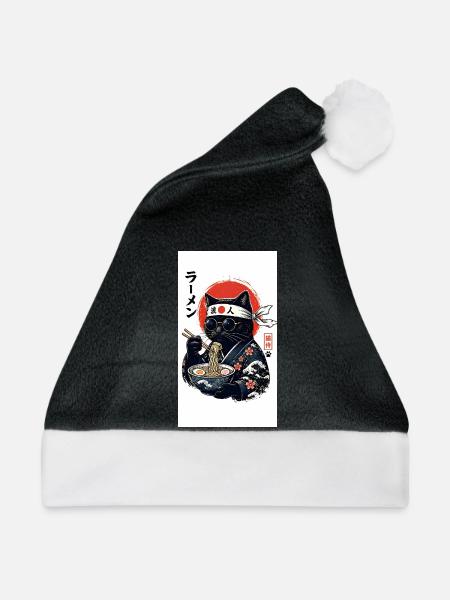 Ramen Katze Kimono - Weihnachtsmütze - Schwarz/Weiß - Vorne