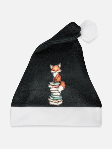 Fuchs auf Bücherstapel - Weihnachtsmütze - Schwarz/Weiß