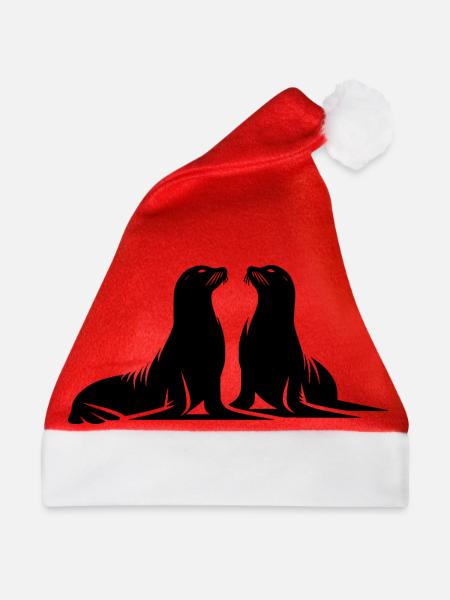 Niedliche Seehunde am Meeresstrand - Weihnachtsmütze - Rot