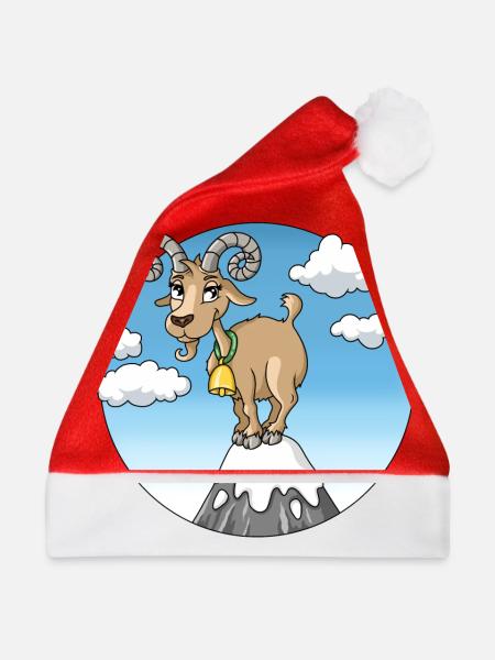Bergziege Ziege auf Berggipfel Berge Cartoon - Weihnachtsmütze - Rot