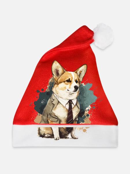 Corgi im weißen Anzug - Weihnachtsmütze - Rot - Vorne