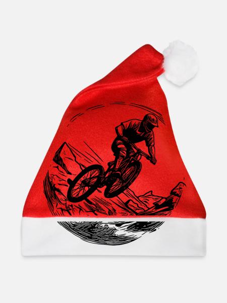 Springender Mountainbiker mit Fahrrad - Weihnachtsmütze - Rot