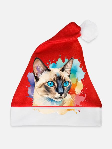 Siamkatze Wasserfarben - Weihnachtsmütze - Rot