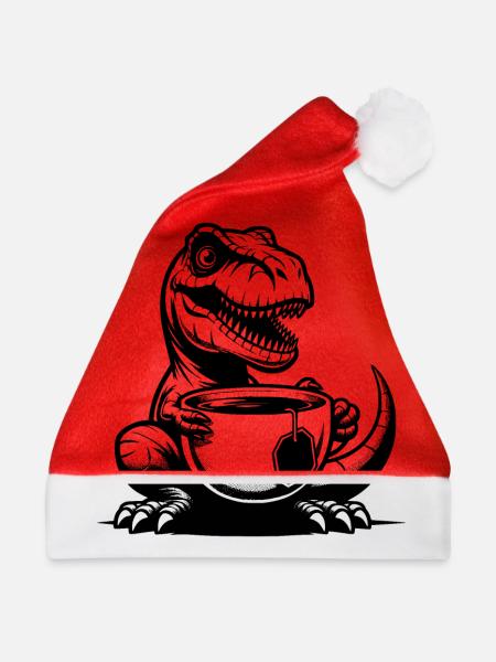 Büro Dino sehr lustiger Tea-Rex mit Tasse - Weihnachtsmütze - Rot - Vorne