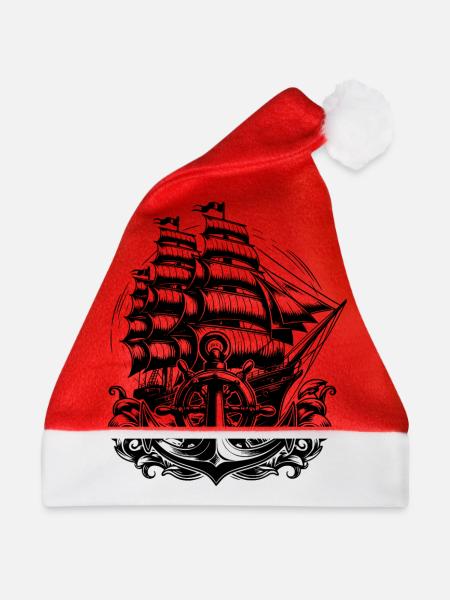 Segelschiff mit gesetzten Segeln Anker Steuerrad - Weihnachtsmütze - Rot - Vorne
